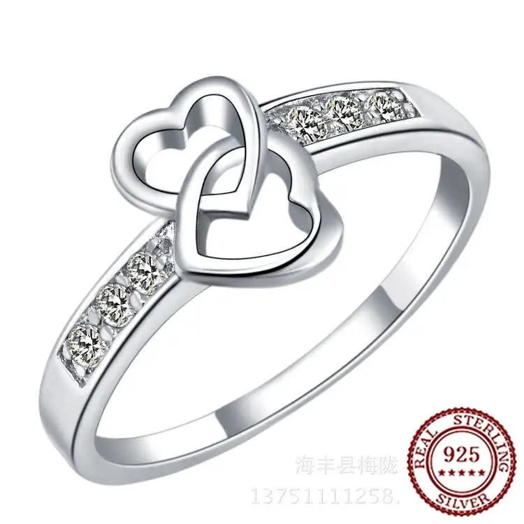 

2025 New Trendy 925 Pure Silver Classic Style, Elegant and Fashionable Women's Ring with Diamond Set, Double Heart Jewelry