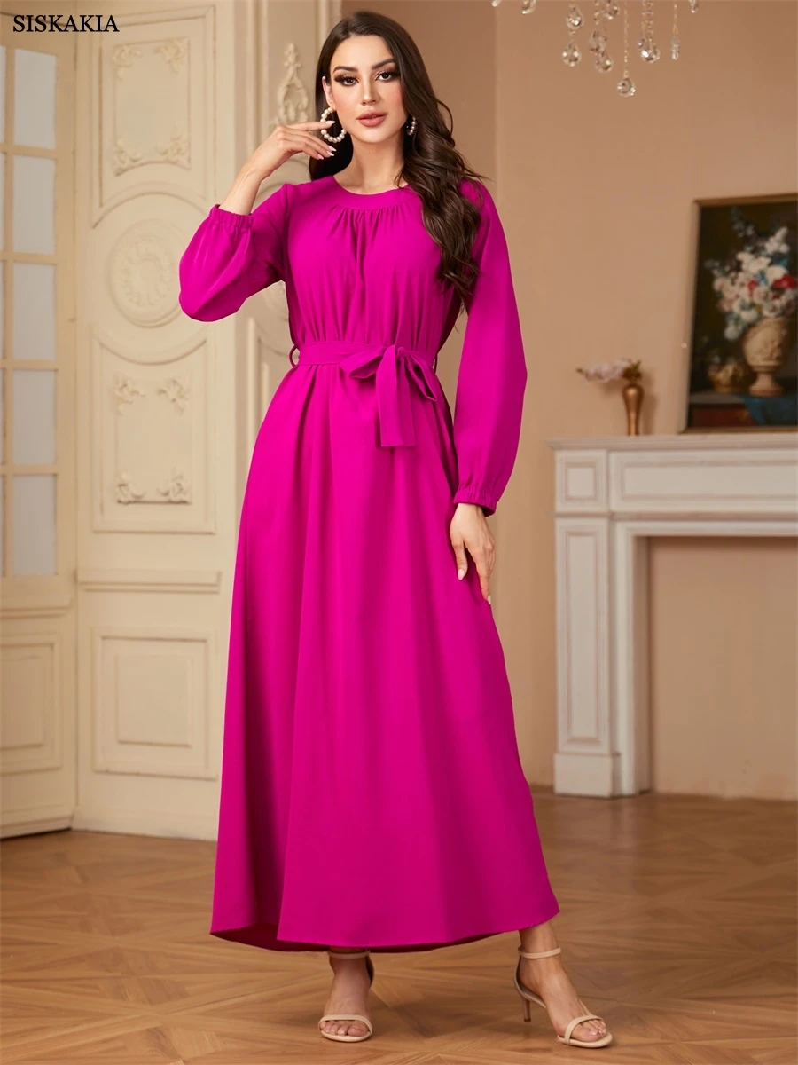 Siskakia Ramadan Muslim Elegant Solid Maxi Dress Belt included Dubai Bundled Sleeve Abaya Brief Moroccan Women Clothes