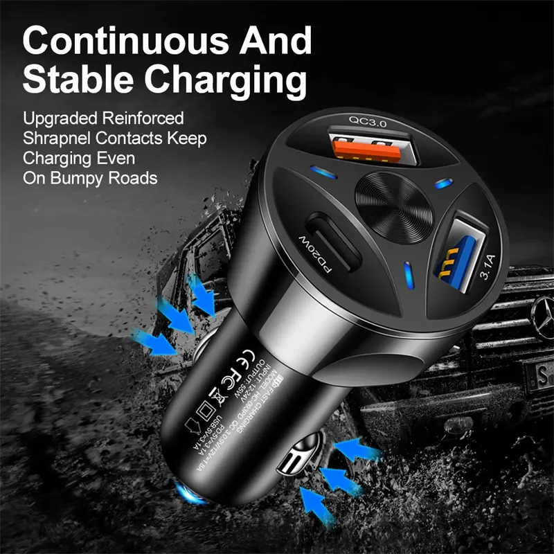 55W 3 Ports Multi USB PD Car Charger Quick Charging Adapter QC3.0 Fast Car Charge Type C USB For iPhone 17 For Samsung Series - view 3