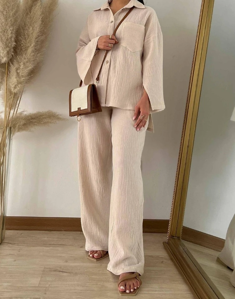 

Women Shirt Long Pants Set Solid Color Spring Autumn Fashion Wrinkled Fabric Long Sleeved Shirt High Waist Wide Leg Pants Set