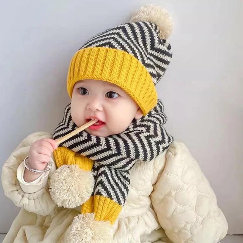 

Kids Fashion Striped Scarf Knitted Woolen Hat 2-5Year Boy Girl Baby Winter Warm Pullover Cap Children Neckerchief Pompom Beanies