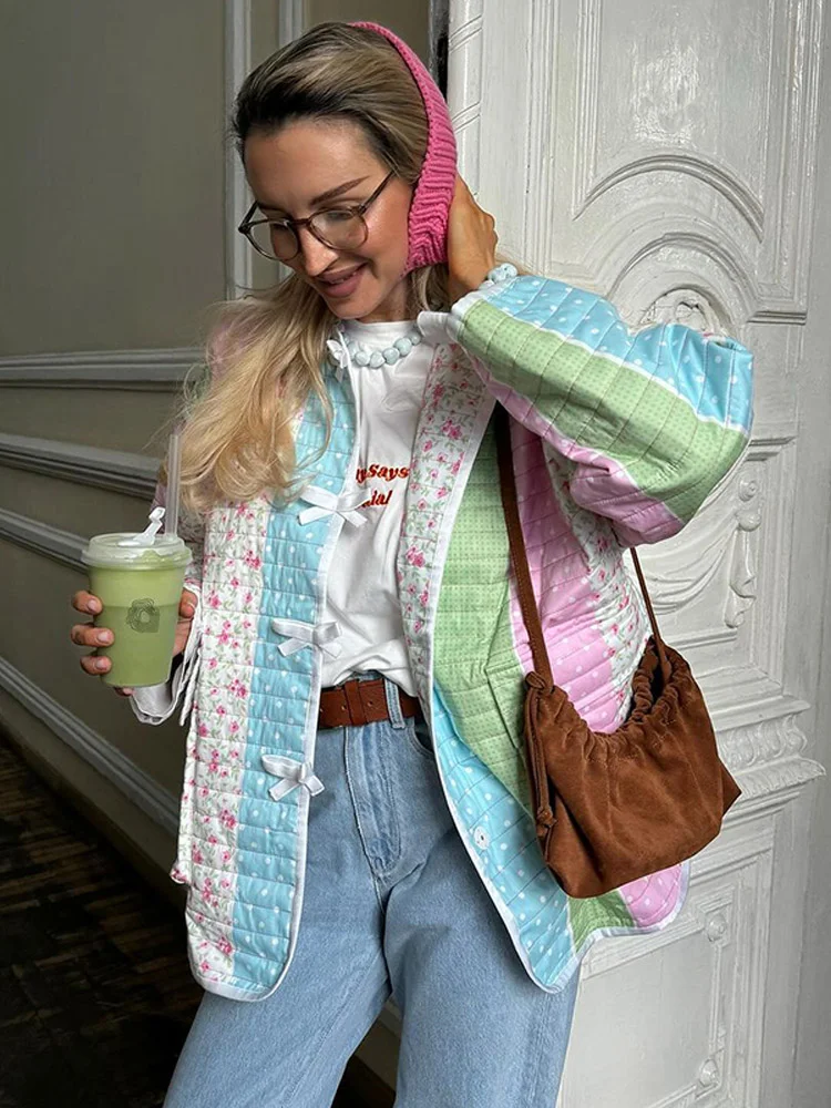 

Bow Button Printed Cotton Coat Women Casual O Neck Single Breasted Long Sleeve Padded Jacket Winter New Lady Daily Streetwear