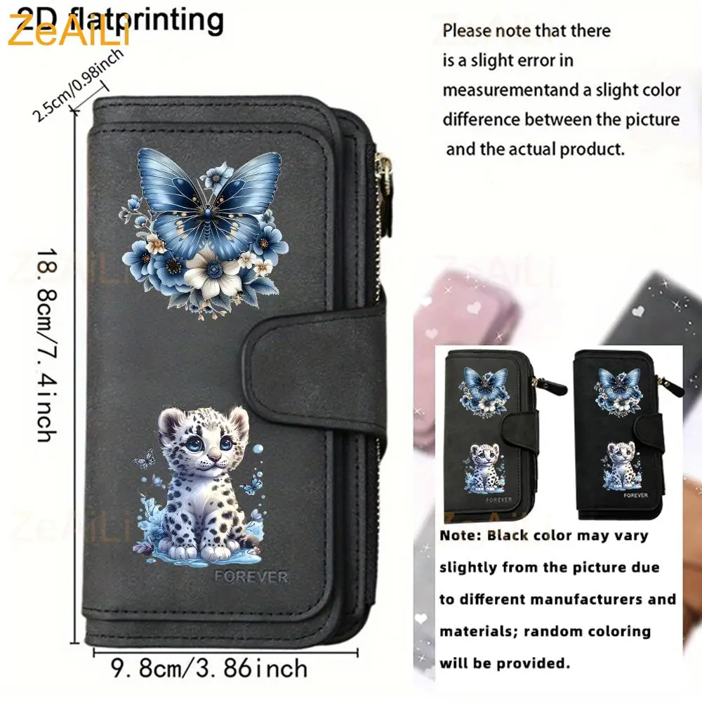 2Pcs Wallet+ Key Case Sets Blue Butterfly White Leopard Women Wallet Multi-Card Slot Zipper Clutch Purse Card Holder Money Clip