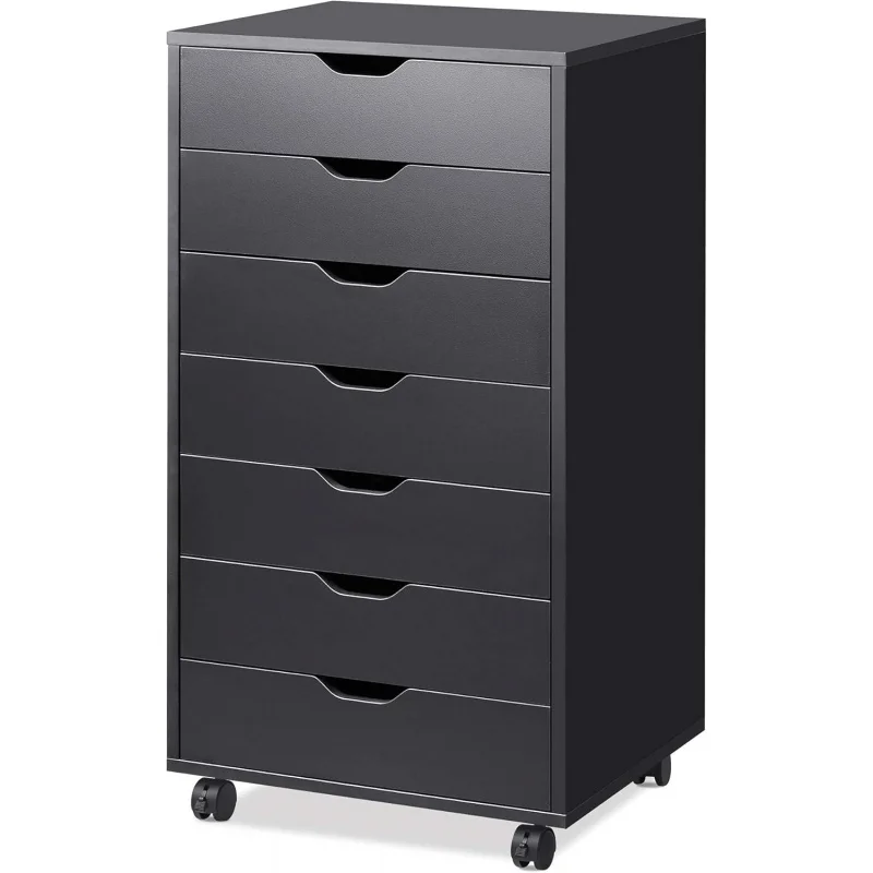 -Drawer Chest, Wood File Cabinet with Wheels, Black