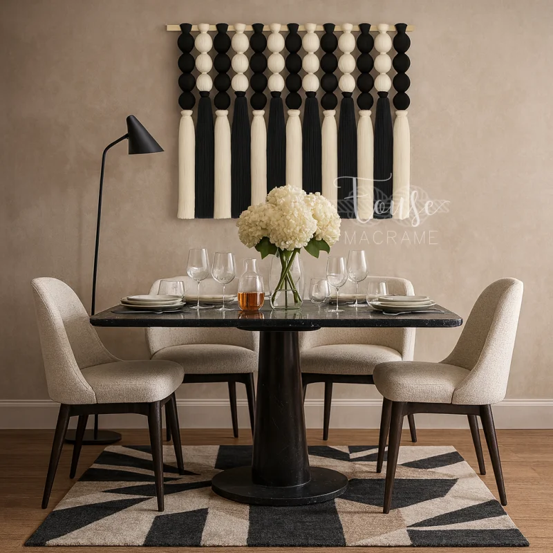 Handmade Black White Cotton Tassel Wall Hanging Large Macrame Tapestry with Wooden Dowel for Home Decoration
