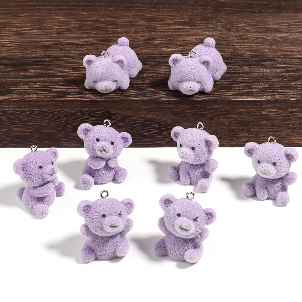 20Pcs 3D Cute Flocking Bear Charms Cartoon Animal Plush Doll Resin Pendant Phone Keychain Necklace Earring Bag DlY Jewelry Make
