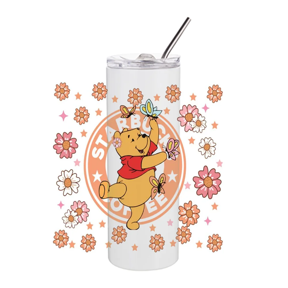 Miniso-Impermeável Transferências Adesivos, desenhos animados 3D, design Urso Pooh, UV DTF Copo Envoltório para Copo de 20oz, Decalque lavável Caneca, DIY