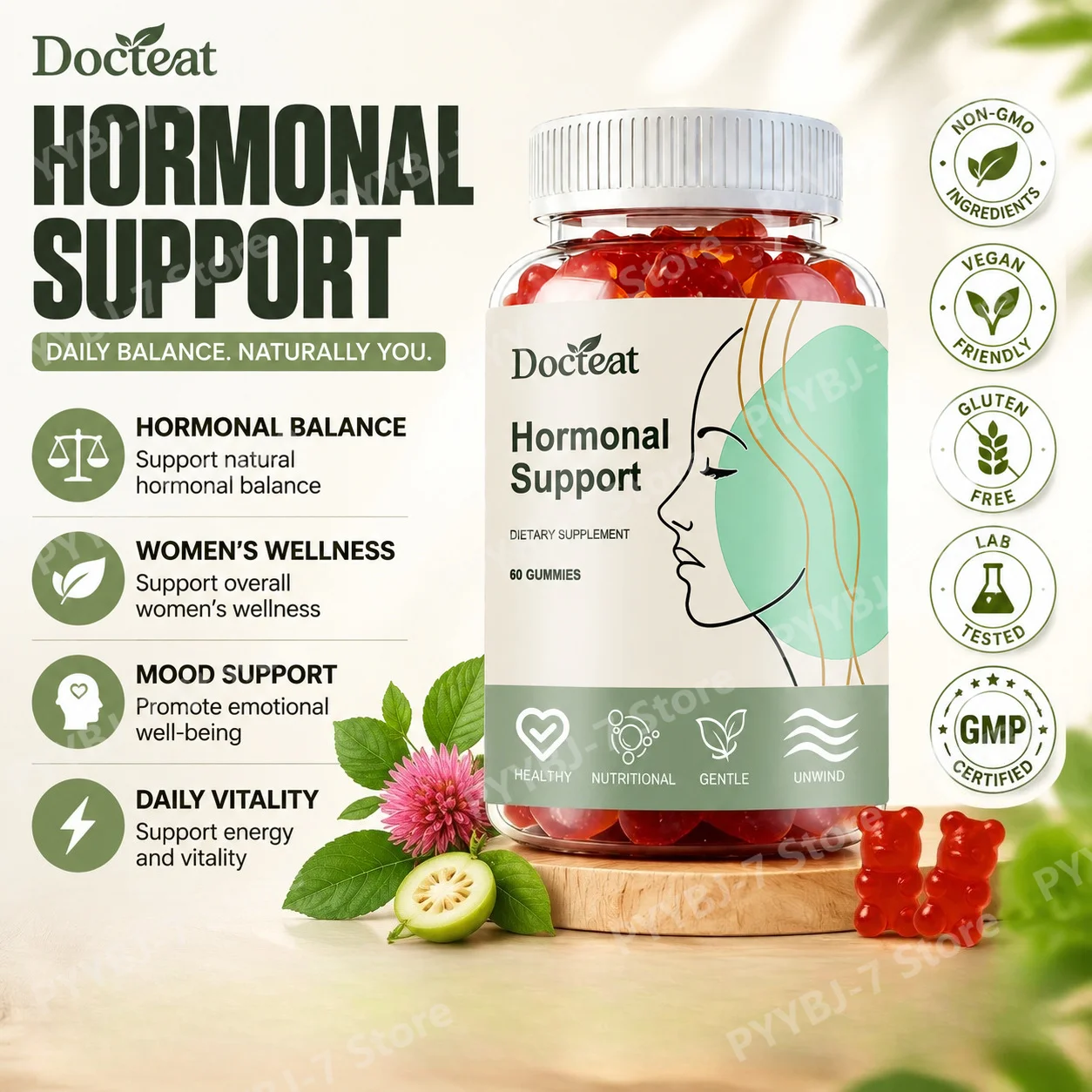 

Berry Flavor Herbal Gummies for Daily Female Wellness, B6, D3, Ashwagandha, Rhodiola, Fennel Seed, 60 Count
