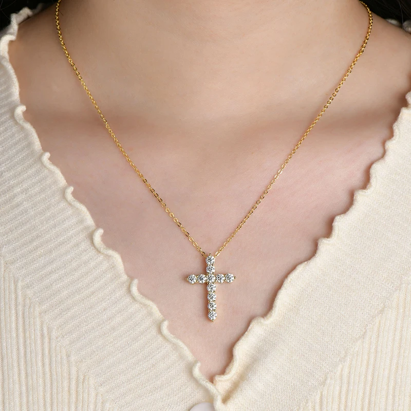 Lnngy 14K Gold Filled Kreuz-Anhänger-Halskette, zertifizierte 3,5 mm Voll-Moissanit-Halsketten für Damen, Labordiamant-Vintage-Schmuck – Detail 4