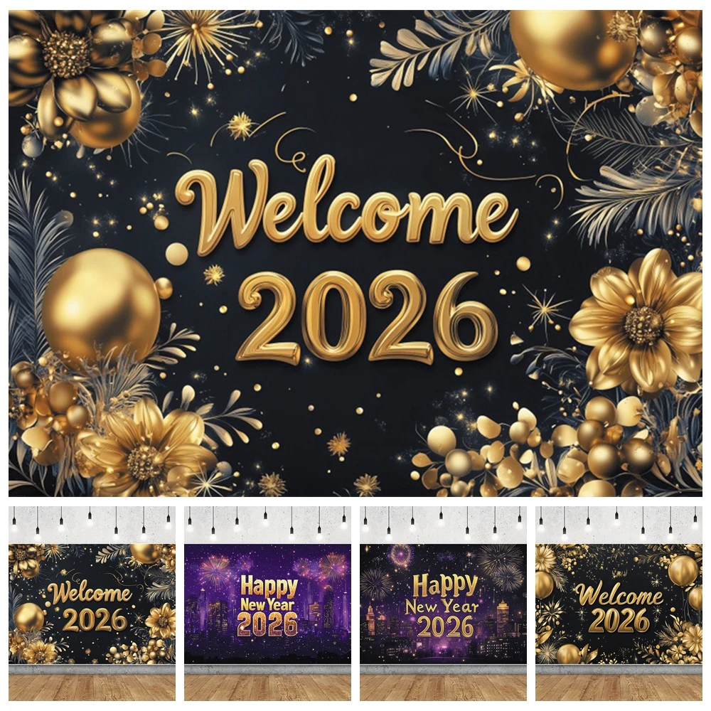 

Happy New Year 2026 Backdrop Gold Balloon Firework New Year's Eve Kids Family Party Outdoor Decorations Photography Background
