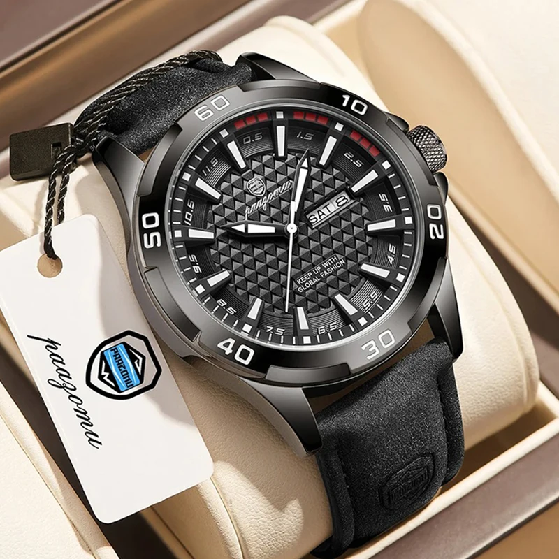 

PAAZOMU Cool Luminous Men Watches 2026 Top Brand Luxury Leather Strap Quartz Wristwatches Sport Waterproof Calendar Week Clocks
