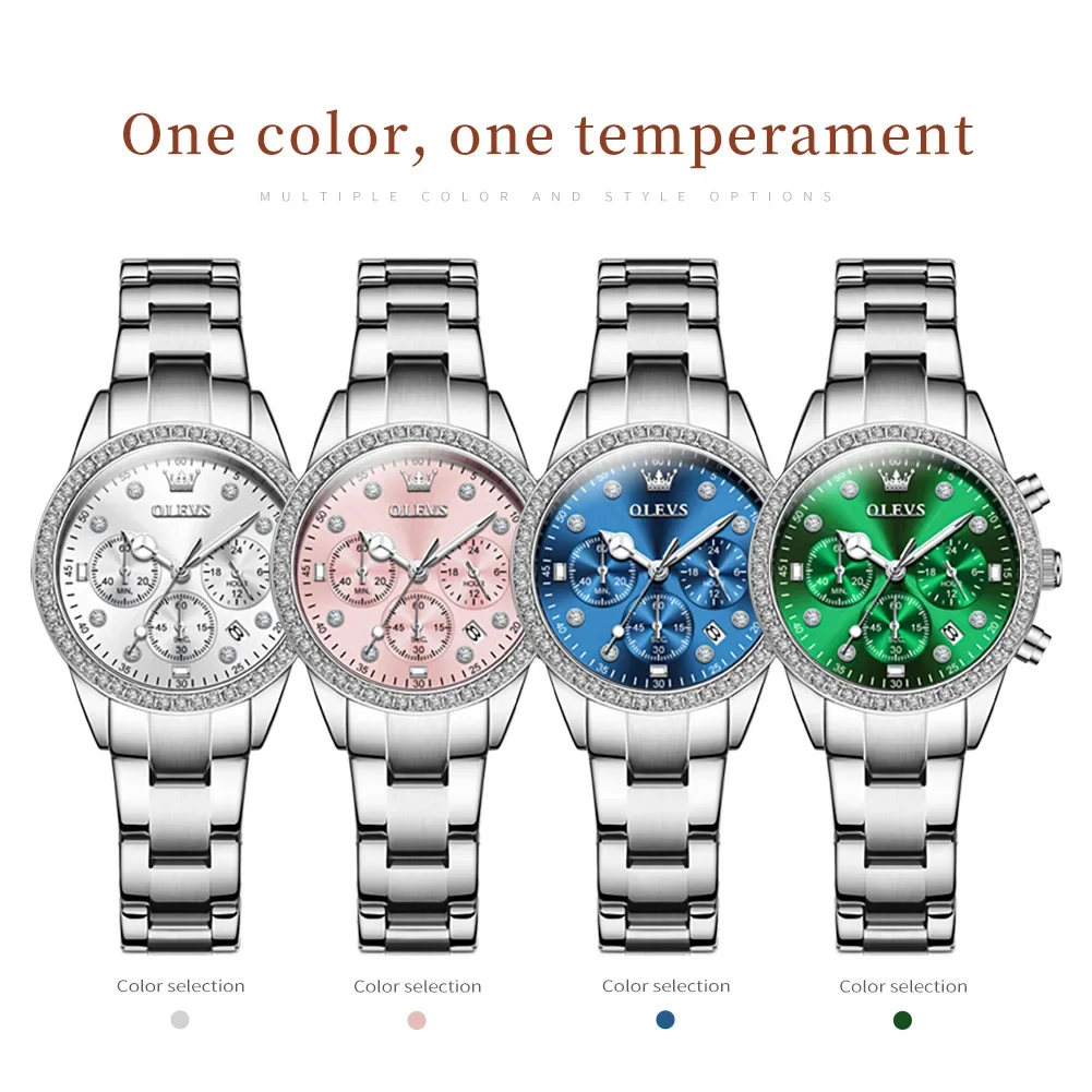 OLEVS Brand Original Quartz Watch for Women Stainless Steel Waterproof Auto Date Chronograph Elegant Diamond Ladies Wristwatch