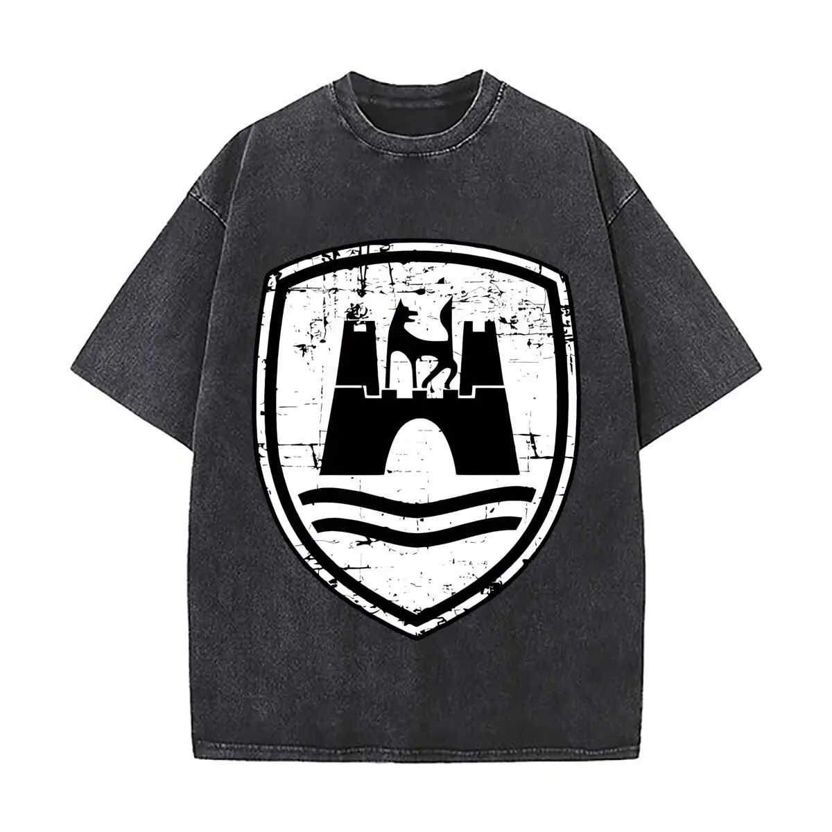 Shield Bold Text Black Crest Themed Design Sports Casual Distressed Washed Short Sleeve Breathable Cotton Top