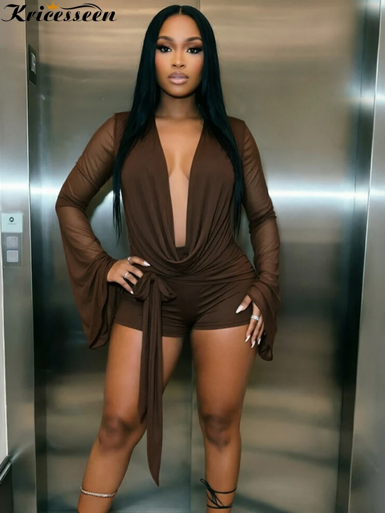 Kricesseen​ Sexy Solid Mesh Romper Women Deep V Neck Flare Long Sleeve Backless Tie Up Bodycon Playsuit Bandage Clubwear Outfits