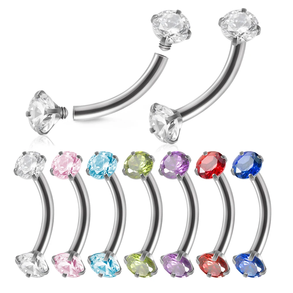1pc Surgical Steel Internally Threaded Zircon Eyebrow Lip Piercing Curved Barbell Stud Helix Cartilage Lobe Earring Body Jewelry
