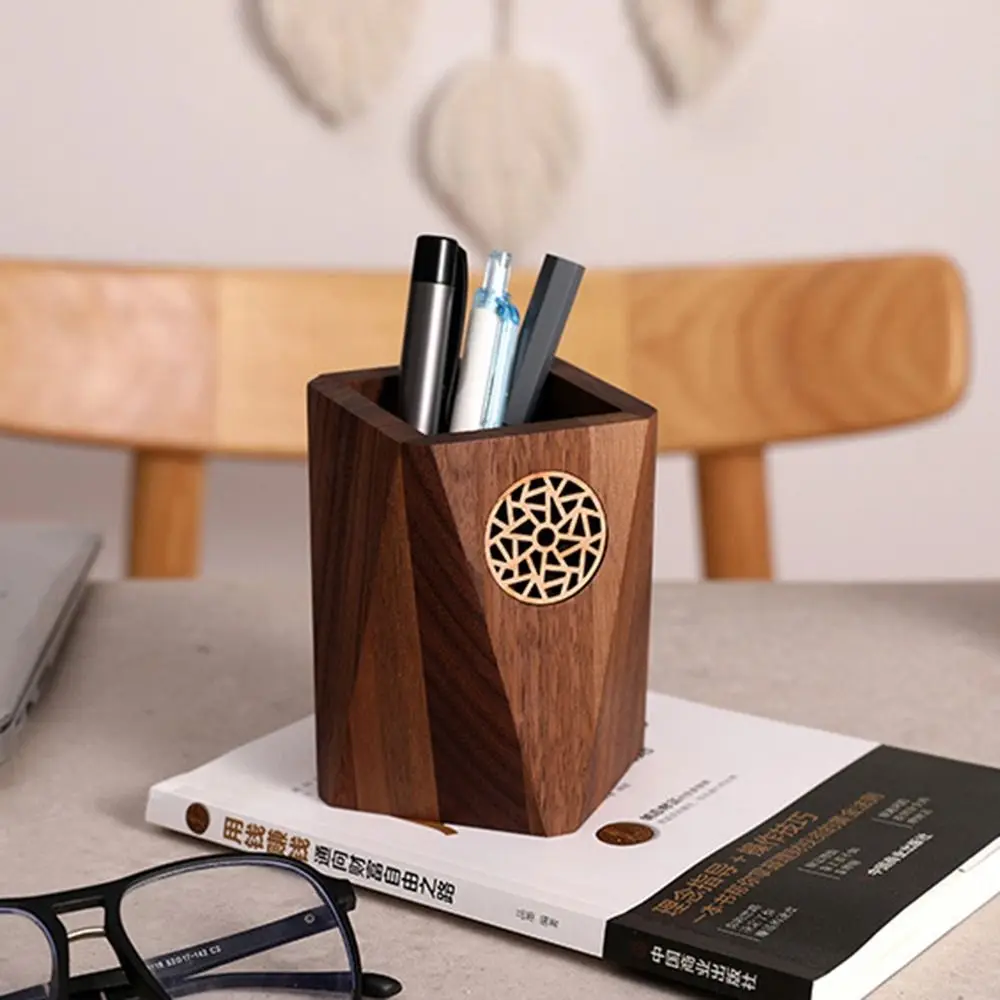 Multiple Use Wooden Pen Holder Black Walnut Square Shape Marker Pen Storage Cup Practical Vintage Wooden Pencil Box