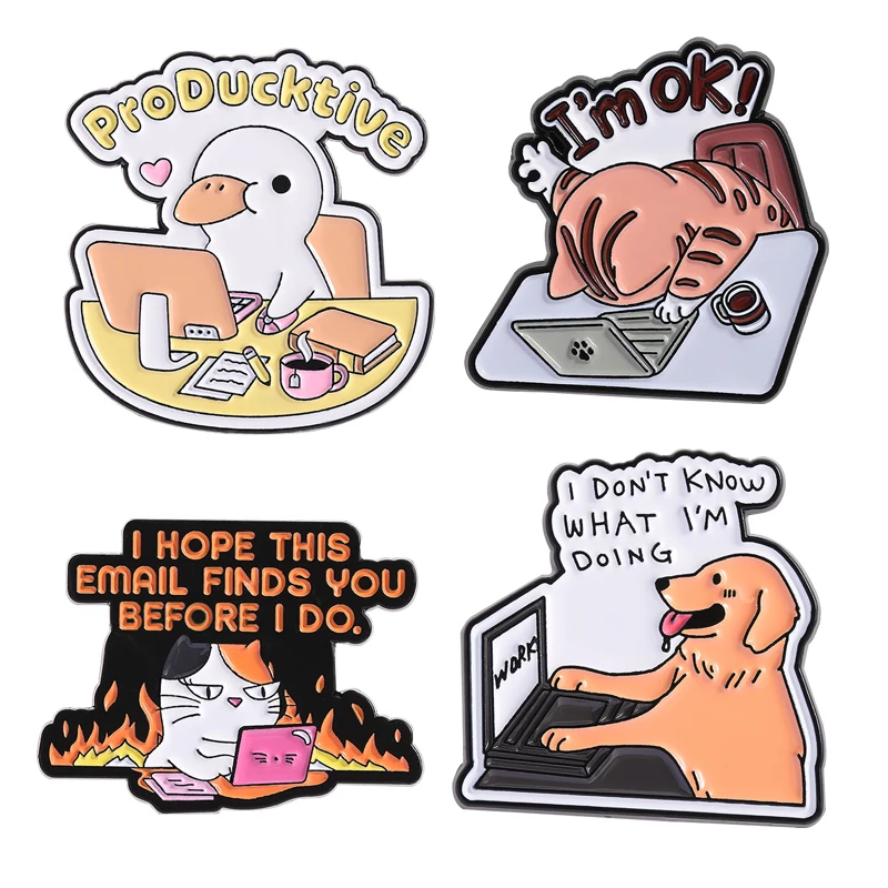 Broche en émail de canard productive, travail dur sur l'ordinateur, broches d'animaux humoristiques, Badge à revers, bijoux à la mode, cadeaux pour amis