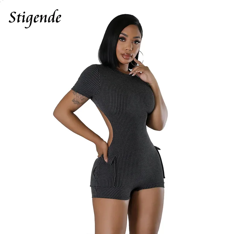 Stigende Backless Back Zipper Ribbed Playsuit Women Summer Bodycon Workout Romper