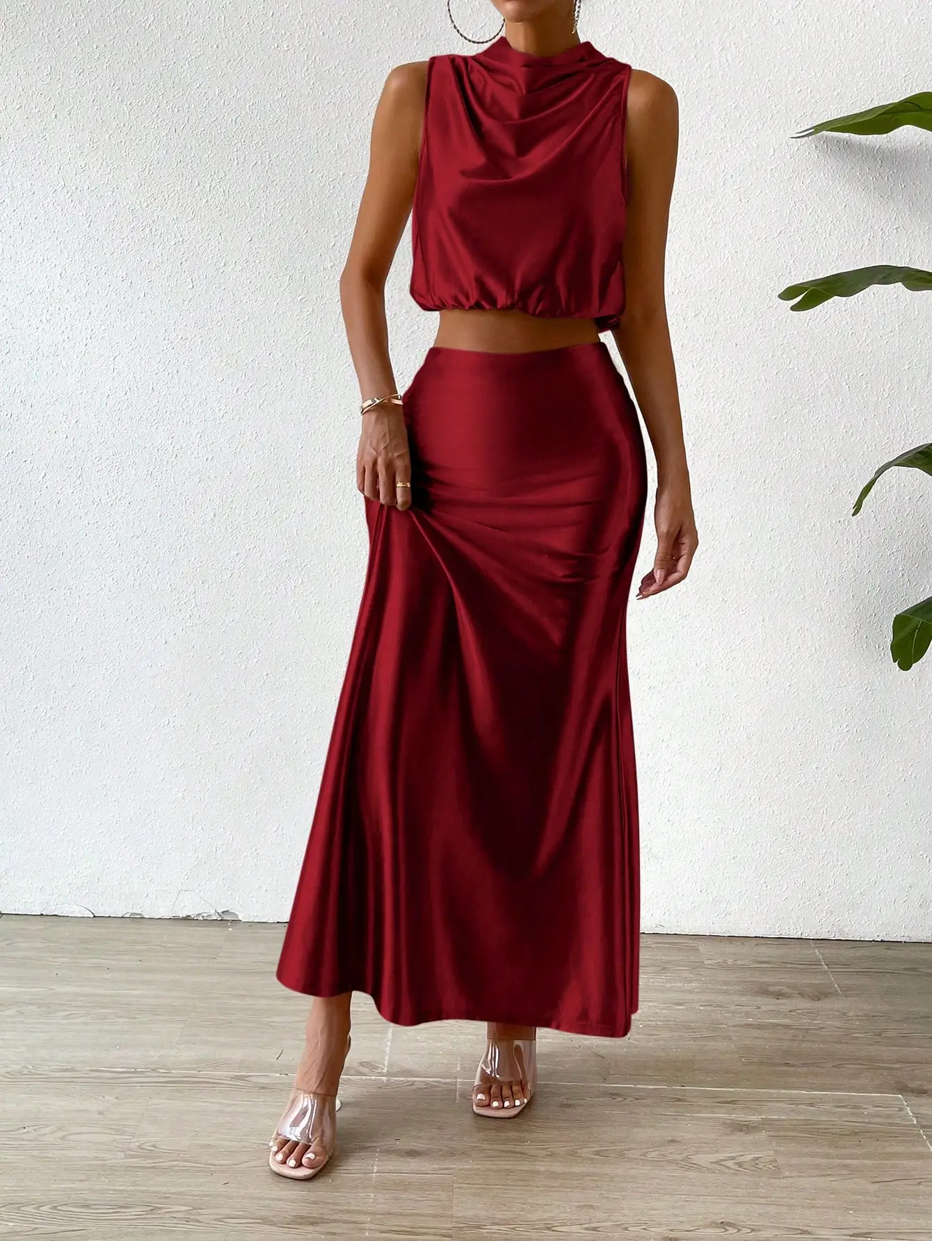 Ensemble deux pièces élégant pour femme, haut court, demi-jupe, col empilé, nouveau, 2024