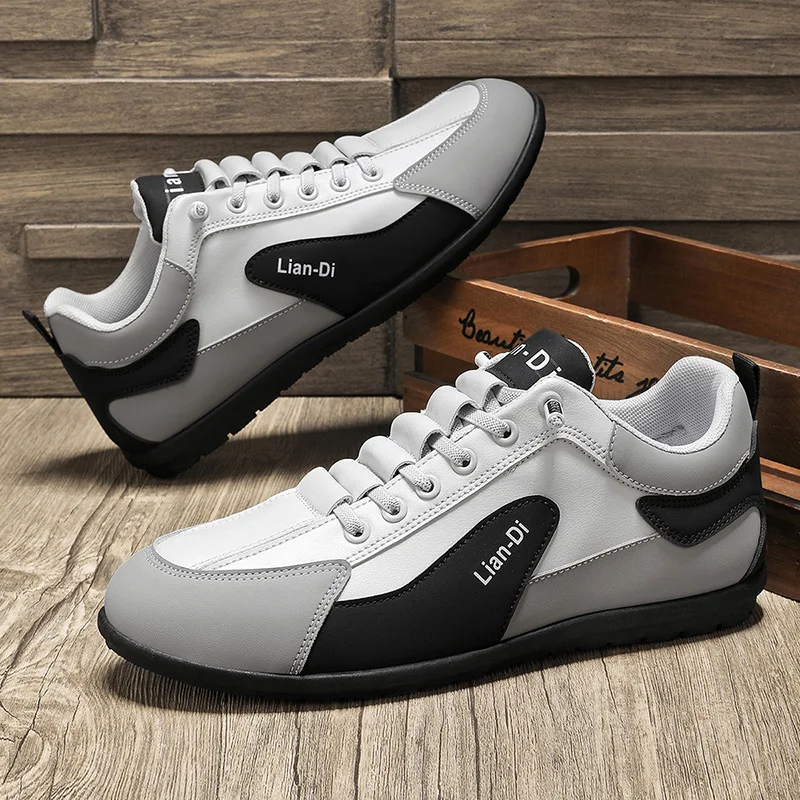 Low-Top Men's Shoes, Large Size, New Spring and Autumn Models, Leather Breathable Casual Sports Shoes, Soft Sole, Non-Slip, Driving Men's Sneakers