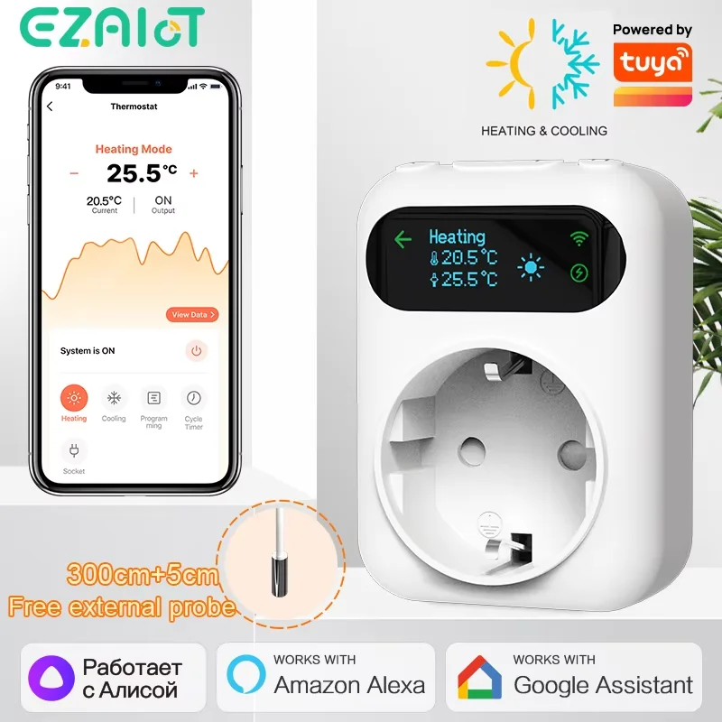 Tuya WIFI Digital Thermostat Socket 16A Outlet Plug Remote Temperature Controller Timer Switch Cooling Heating 3M NTC Sensor