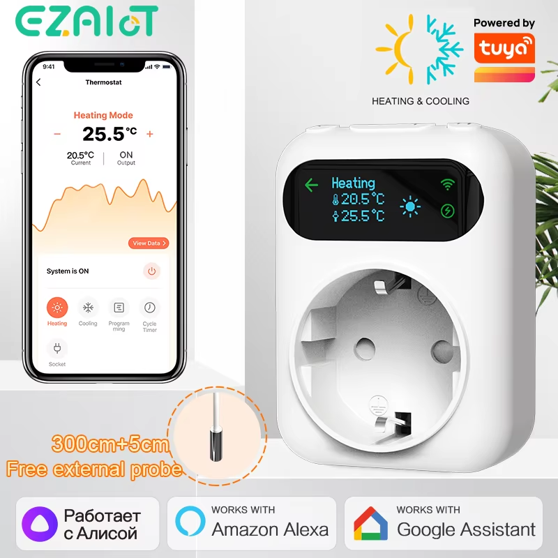  Tuya WIFI Digital Thermostat Socket 16A Outlet Plug Remote Temperature Controller Timer Switch Cooling Heating 3M NTC Sensor 