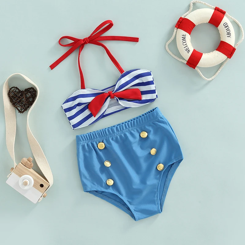 Yiiciovy Summer Cute Baby Girls Swimwear 2 Pcs Bowknot Bikini Set Summer Hanging Neck Striped Top Elastic Waist Button Shorts