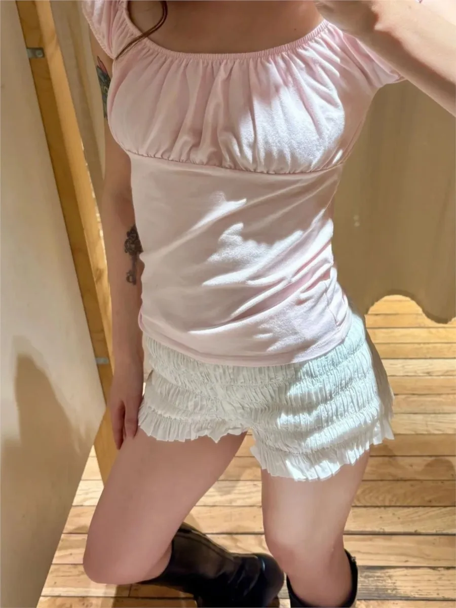 

Sweet Folds Ruffles Straight Shorts Women Summer New Bow Elastic Low Waist Short Pants Cute Preppy Style Balletcore Bottoms Y2K