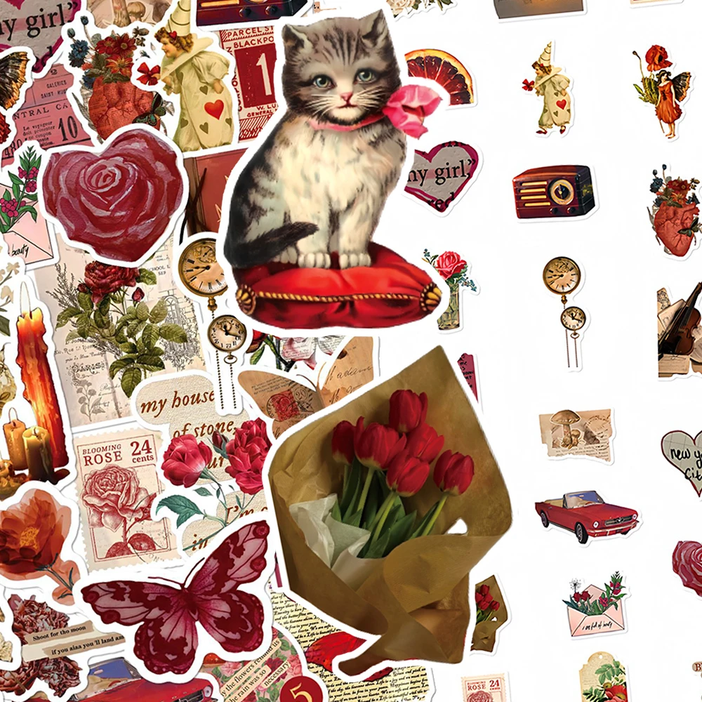 

10/30/50pcs Vintage Red Rose Art Aesthetic Stickers Creative Graffiti Decals Decoration Luggage Phone Notebook Sticker Toy Gift