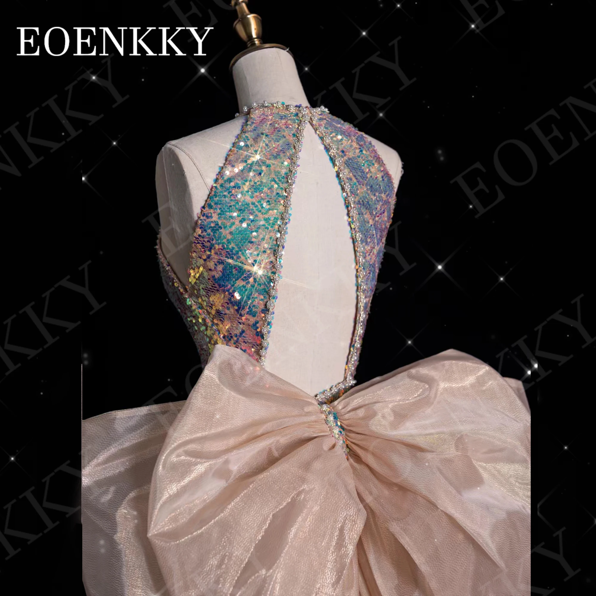 EOENKKY Halter Sparkly ชุดราตรี Mermaid สไตล์หรูหราเลื่อมชุดแต่งงานเปลือยที่ถอดออกได้รถไฟแขนกุด