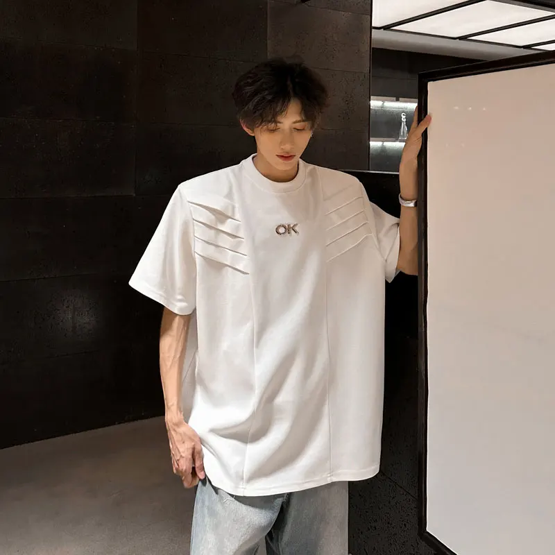 

Летняя повседневная мужская футболка с коротким рукавом и дизайнерскими накладками на плечах, в корейском стиле, модный свободный крой, из чистого хлопка, с круглым вырезом.