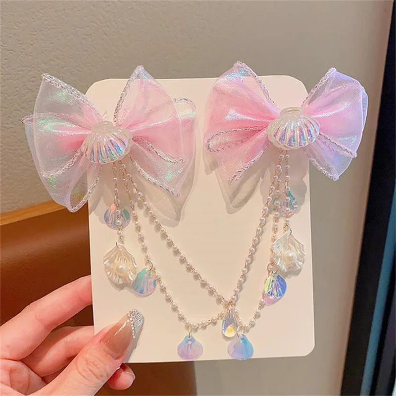 Baby cute mermaid Princess Pearl Tassel bow forehead chain hair clip children hair accessories girls hair clip