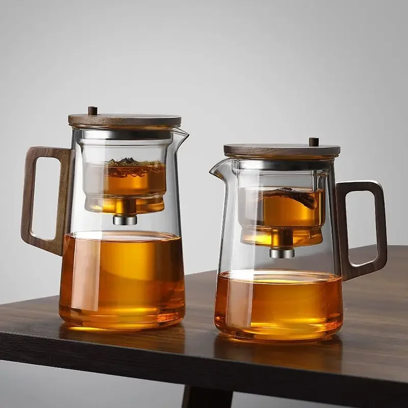 High  End Tea Set  One   Click Filter Glass Cup with Walnut Handle, Heat  Resistant All  Glass Liner for Tea  Water Separation