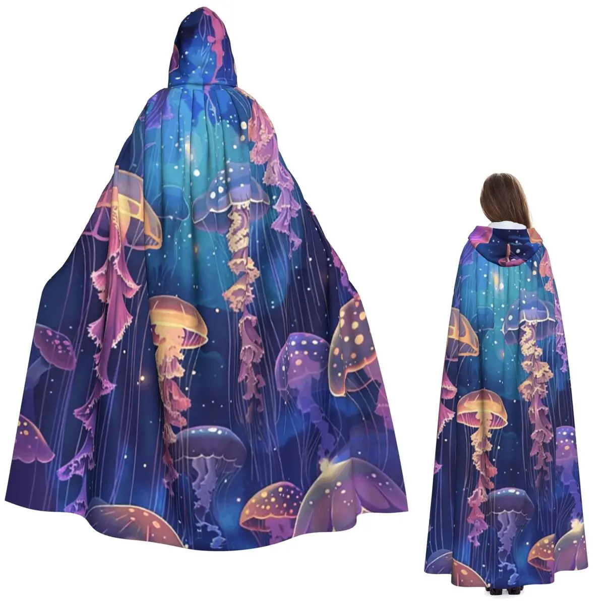 

Magic Glowing Jellyfish Underwater Long Hooded Cloak Witch Medieval Costume Cosplay Cape HalloweenVampire Adult Unisex