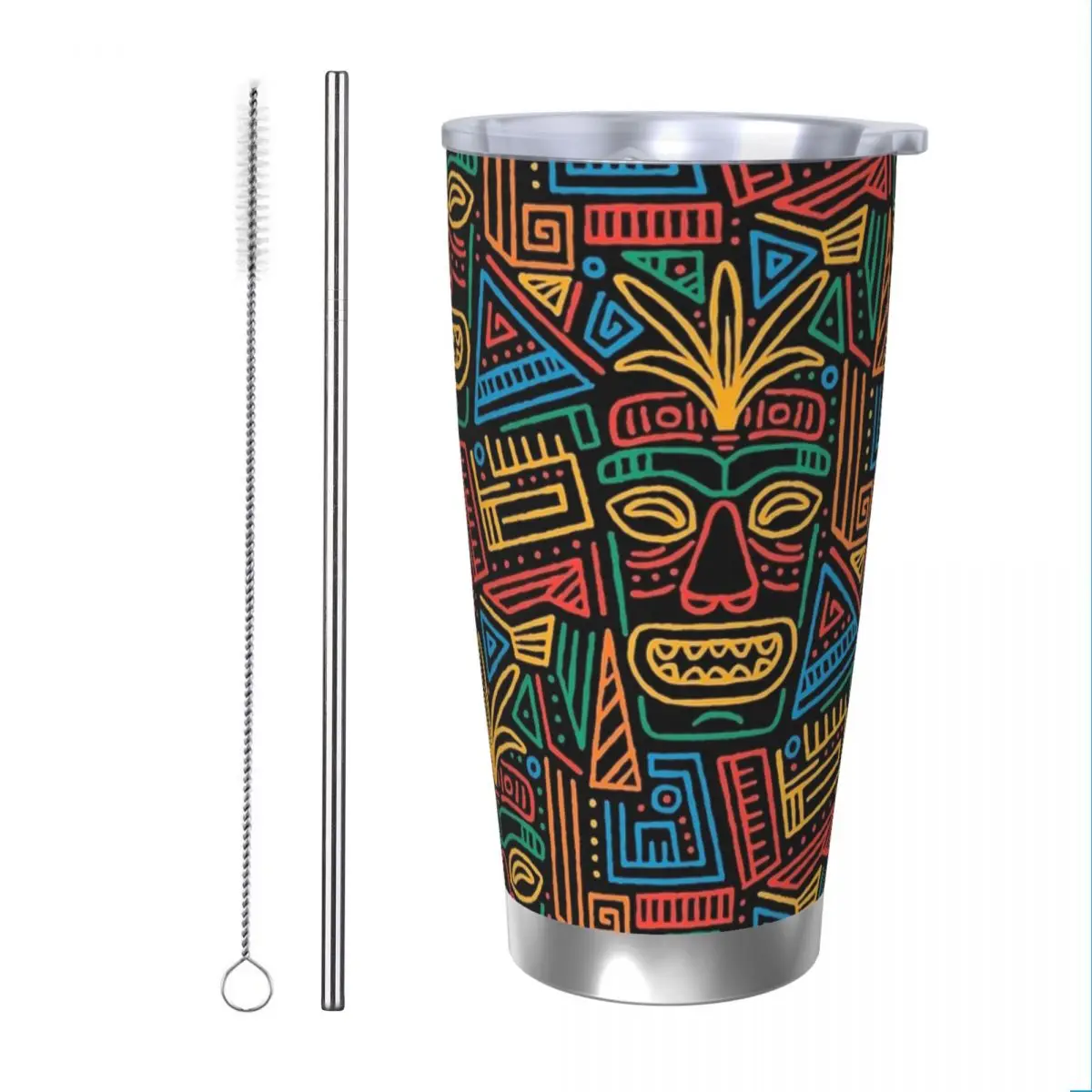 Tiki Pattern Insulated Tumbler with Straws Lid Tropical Exotic Vacuum Thermal Mug Outdoor Travel Car Bottle Cup, 20oz