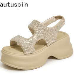 Autuspin 8cm letnie Peep Toe damskie sandały pełne Rhinestone damskie sportowe kliny wysokie sandały na obcasie modna platforma buty damskie