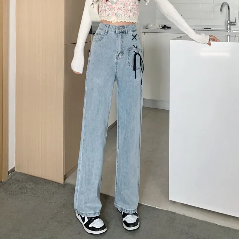 

Korean Style Binding Baggy Jeans For Women Summer Commuting Trousers Y2k Streetwear High Waist Wide-leg Fashion Women's Pants