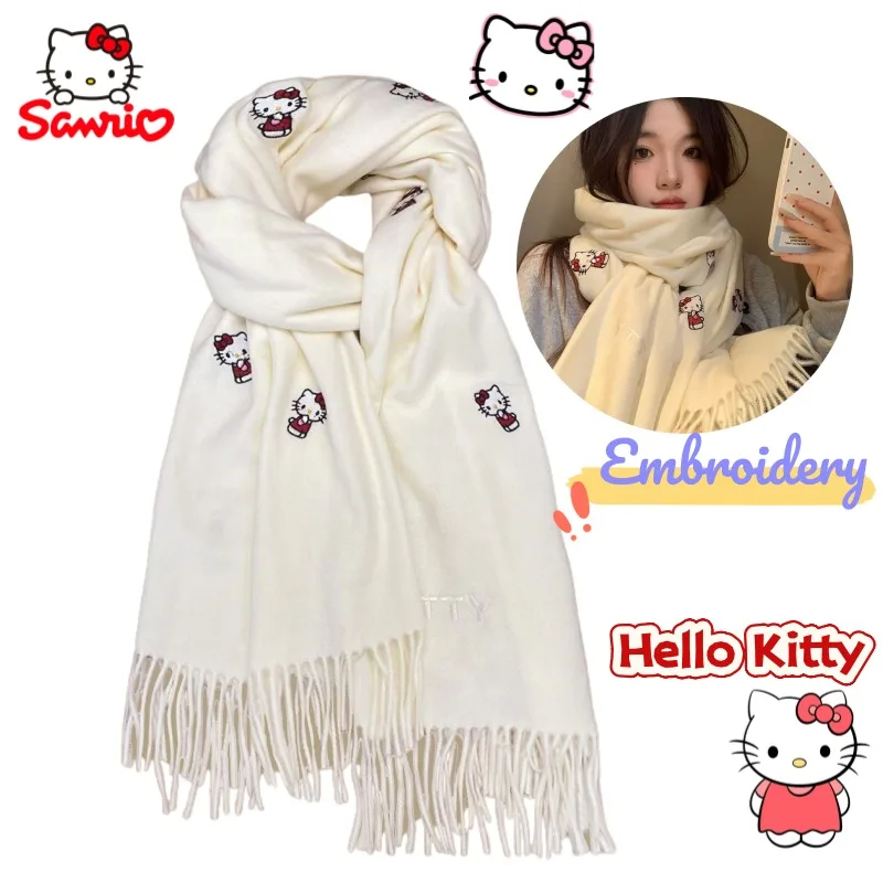 

Милый теплый шарф на шею для девочек с героями мультфильмов «Hello Kitty», универсальная шаль с милой вышивкой в стиле каваи, студенческий морозостойкий шарф в подарок