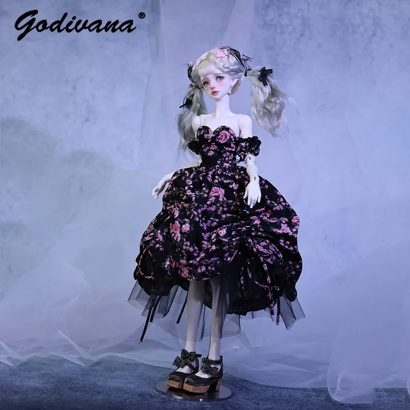 Vestido para muñeca BJD de 1/4, con base negra, estampado floral rosa, estilo Lolita, corsé, falda amplia con cordón ajustable y mangas abullonadas desmontables, vestido midi de tul.