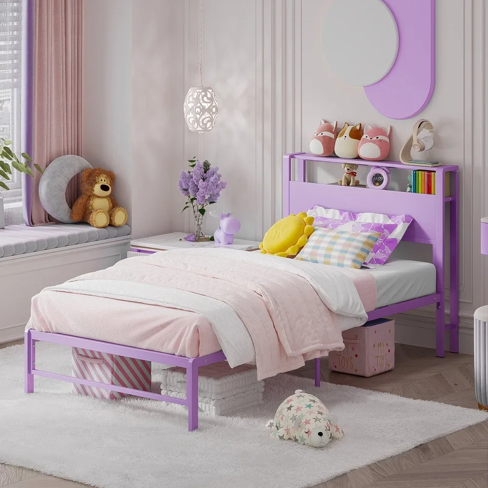 

Twin Metal Bed Frame with Storage Headboard Heavy Duty Platform Bed No Box Spring Sturdy Construction Kids Teens Bedroom