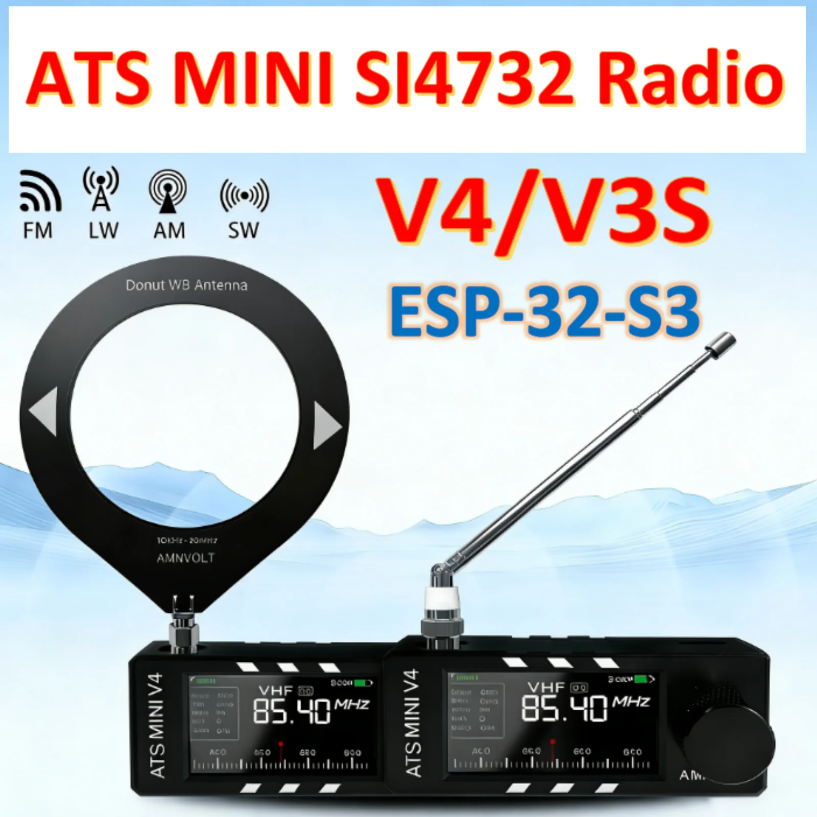 AMNVOLT V4/V3S ATS MINI SI4732 Radio All Band DSP Radio FM/AM/SSB/LSB/USB Receiver Built-in Hi-Z Headphone Amplifier ESP32-S3