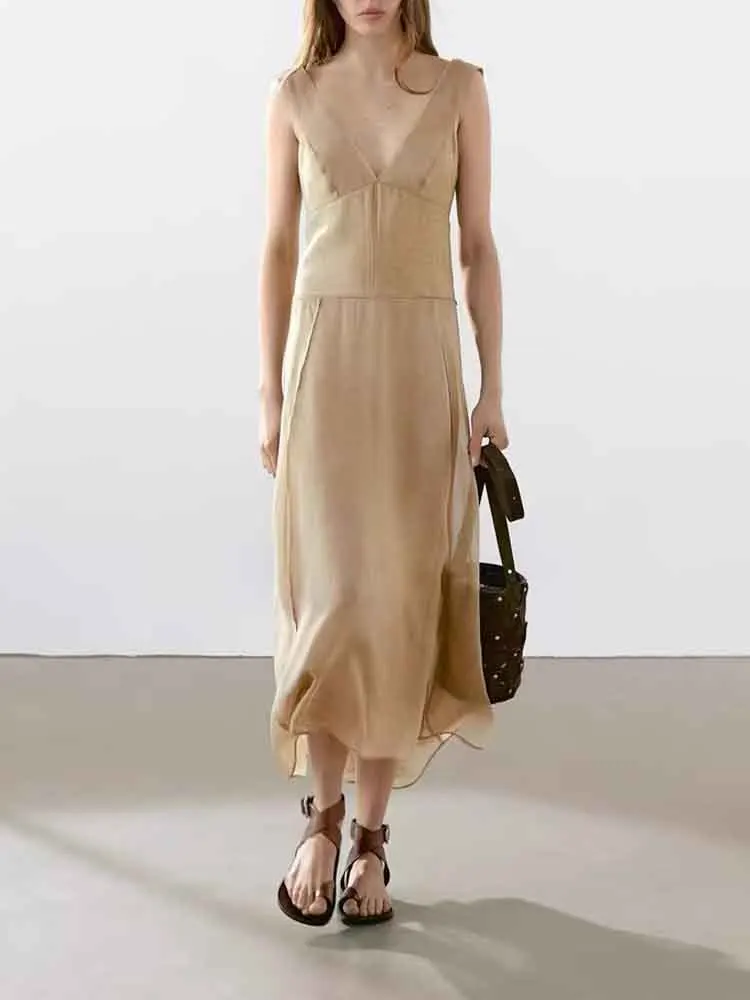 

European style new women's fashion versatile temperament French design splicing V-neck backless dress