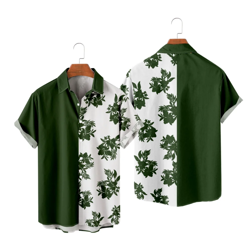 

Мужская повседневная рубашка с гавайским принтом листьев, рубашка Aloha, зелено-белая лоскутная креативная пляжная рубашка для летних каникул