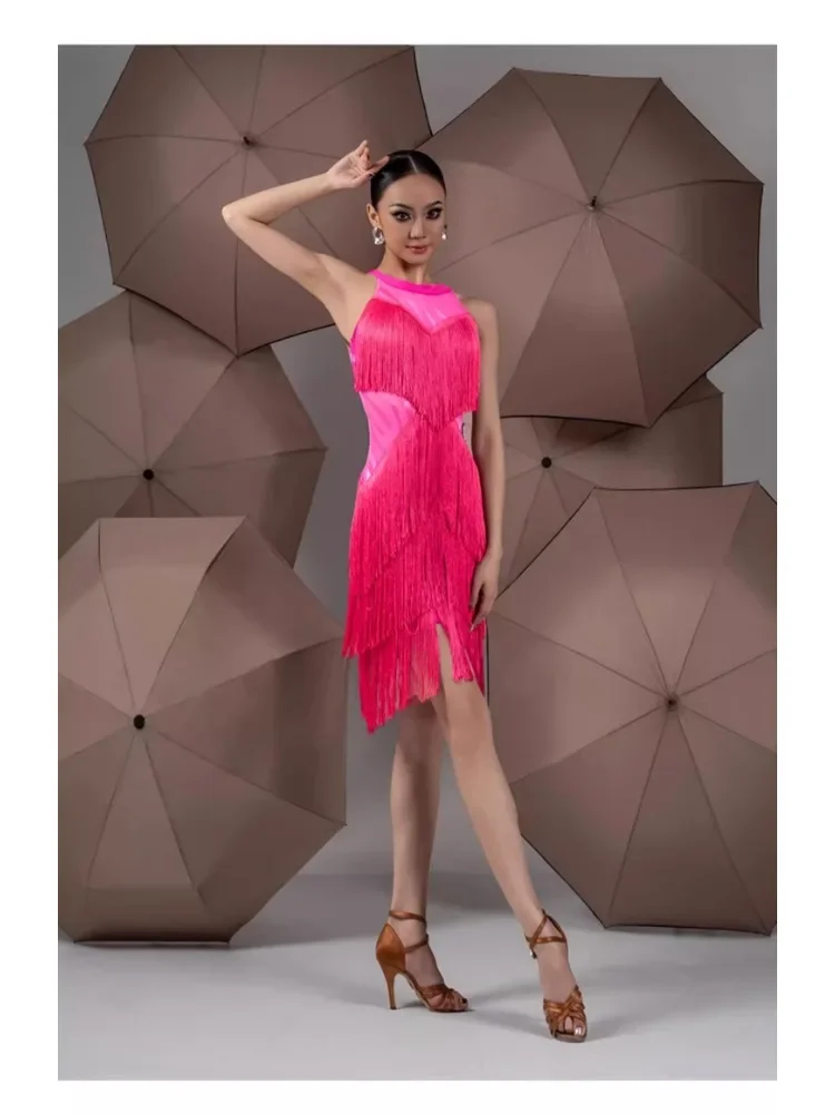 Latin dance dress for women 2024 new style hanging neck and backless tassel performance competition dress floral dress