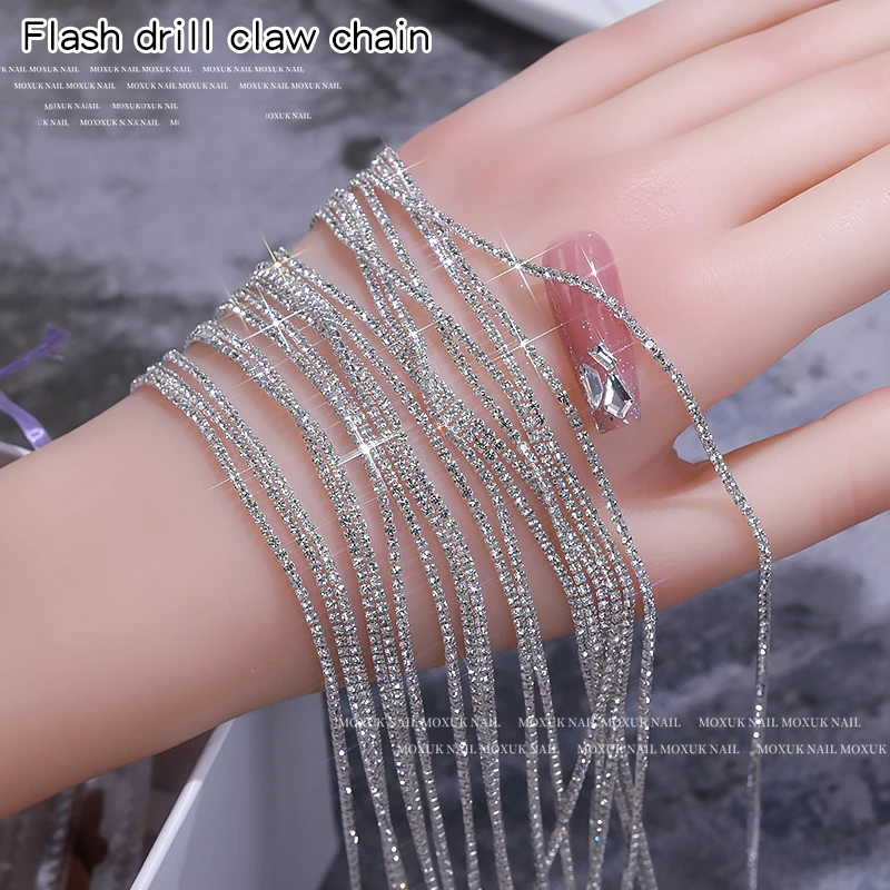 50cm 3D Long Tassel Clear/Ab Zircon Nail Claw Diamond 1.5mm Metal Silver Shiny Crystal Nail Gem DIY Manicure Tassel Claw Drill