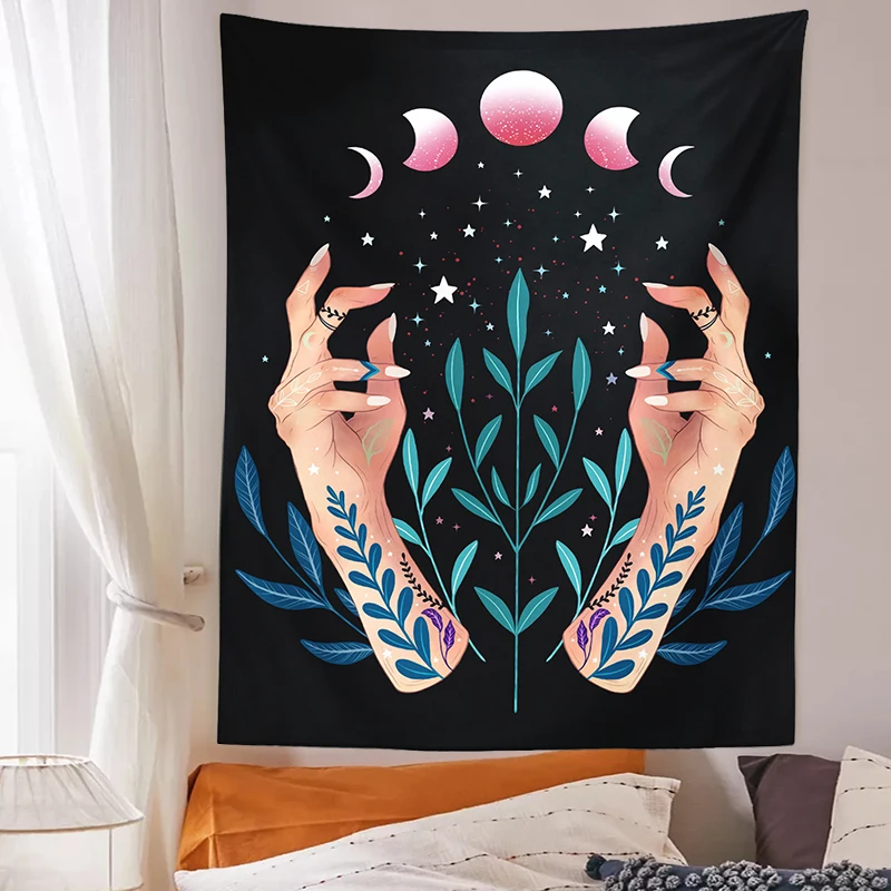 Witch Moon Phase Tapestry Wall Hanging Boho Magic hand Wall Tapestries Girl Bedroom Decor Boho Home Decor Tablecloth turban