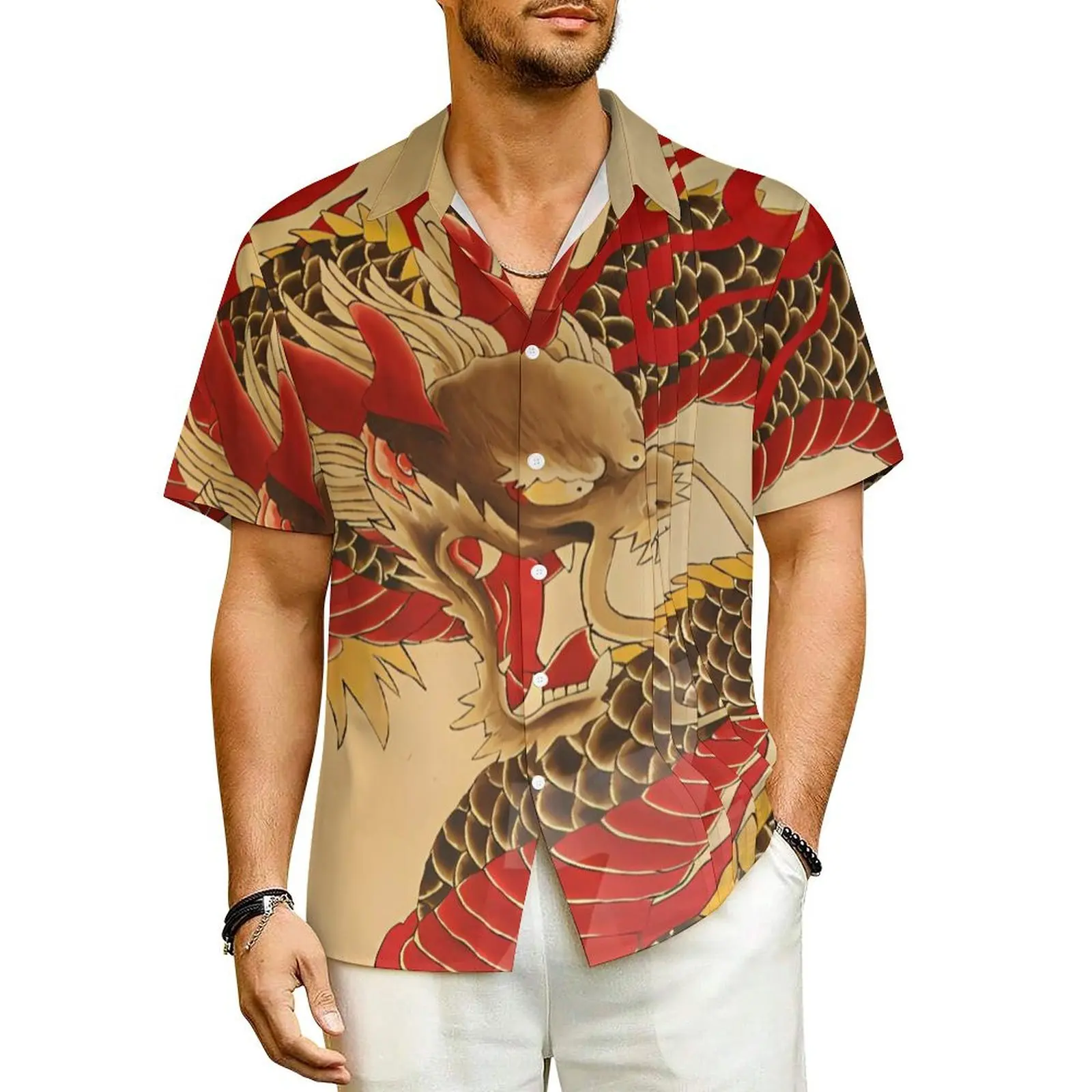 

Chinese Dragon Beach Shirt Men Animal Print Vintage Casual Shirts Hawaii Short-Sleeved Y2K Design Oversized Blouses Gift Idea