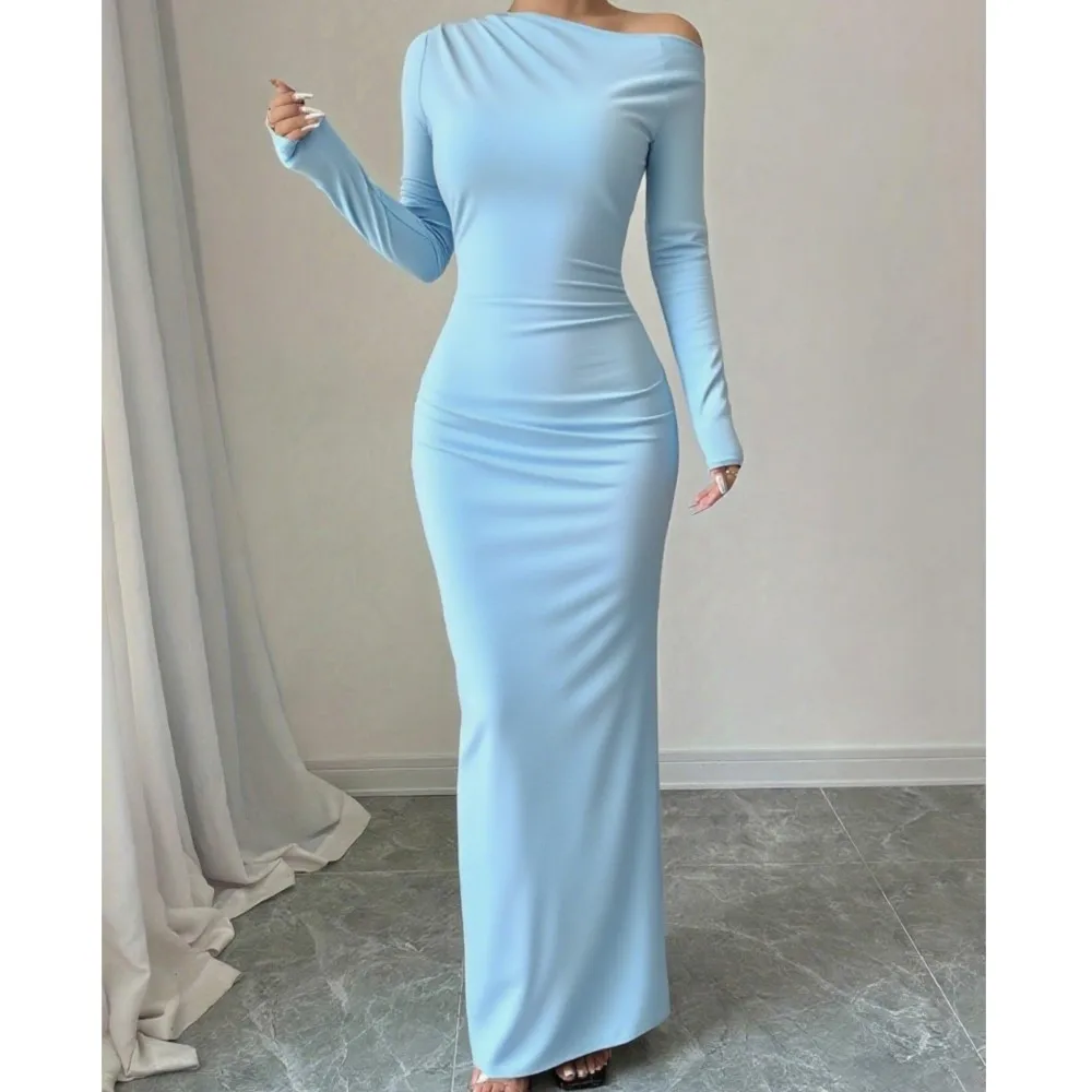 

Solid Color Women's Dress New Spring Autumn Style Slim-Fit Off-the-Shoulder Long Sleeve Casual Maxi Length Dress Ropa Mujer
