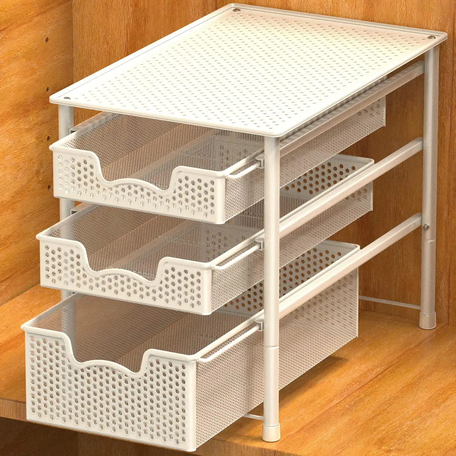 

White Alloy Steel Sliding Drawer Organizer Basket