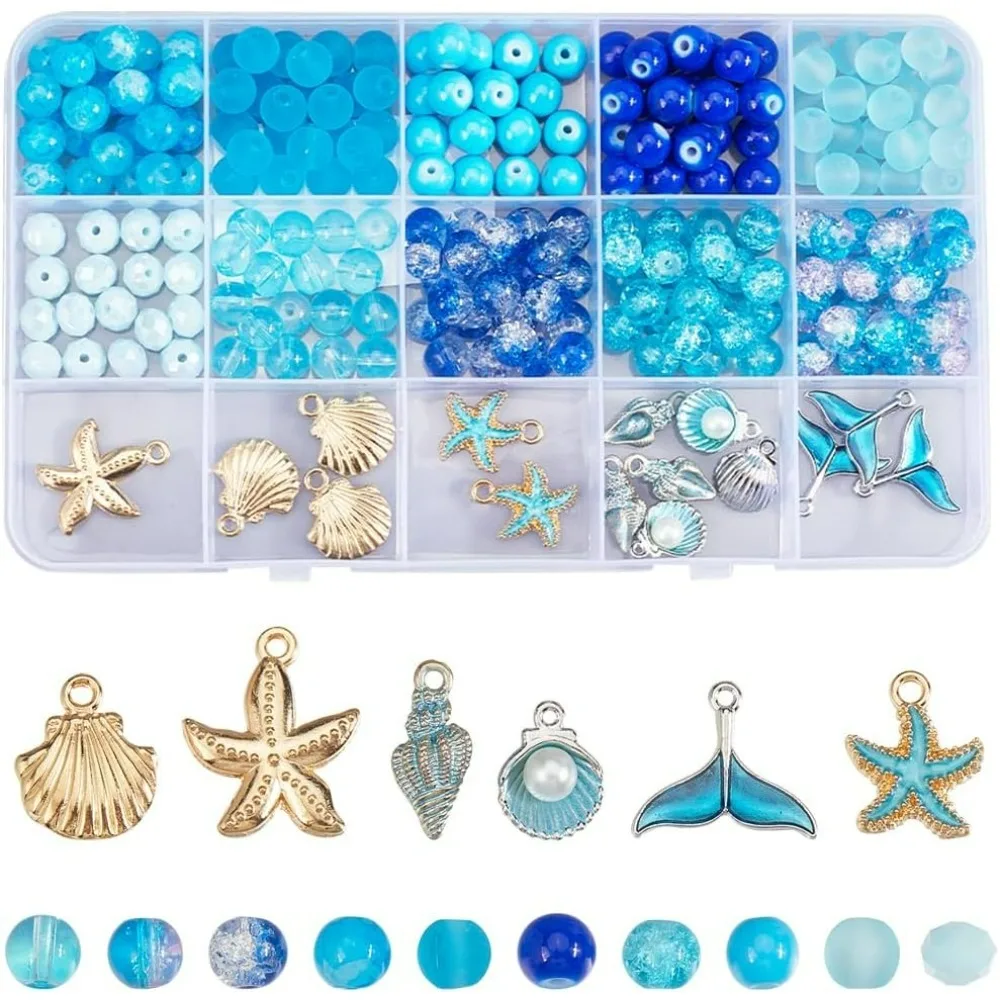 

1 Box 274Pcs Glass Beads Kit Ocean Beads Hawaii Summer Sea Shell Starfish Fishtail Charms Round Spacer Loose Bead Blue Beads